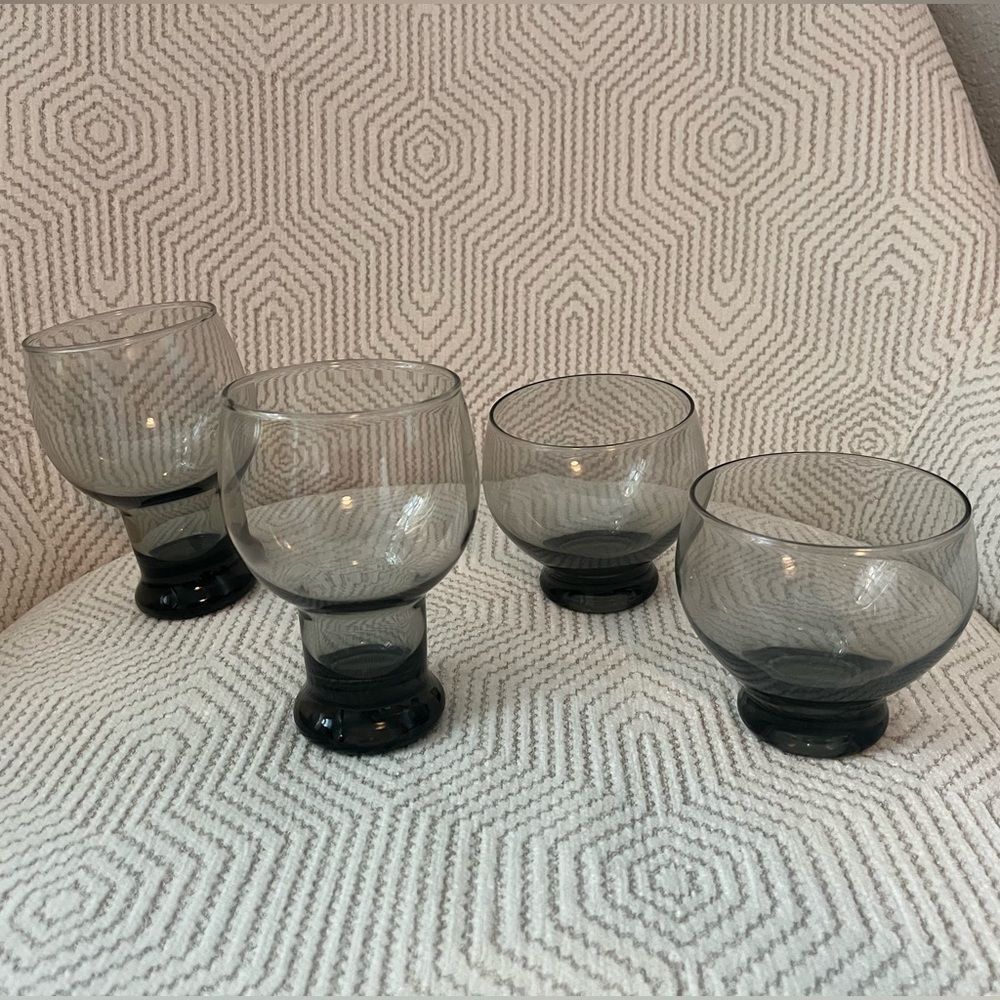 Midcentury rocks stack tumbler glasses 2 high stemmed 2 low stemmed smoke grey
